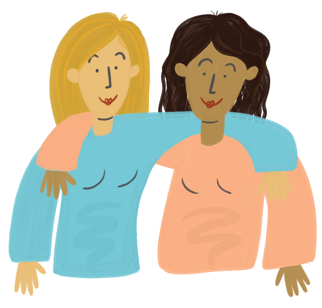 illistration of two women with their arms around each others shoulders