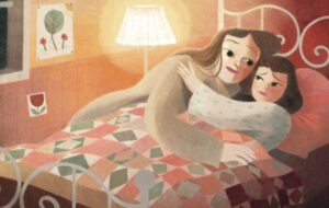 An illustration from Alison's book, Kenzie’s Little Tree. In this illustration, Kenzie mother tucks her into bed. 