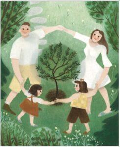 An illustration from Alison's book, Kenzie’s Little Tree. Kenzie and her family dance around the tree Kenzie planted.